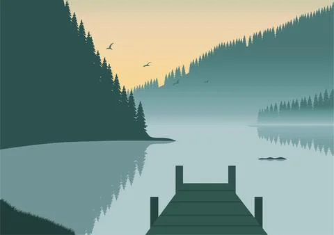 Lake with wooden pier vector Stock Illustration