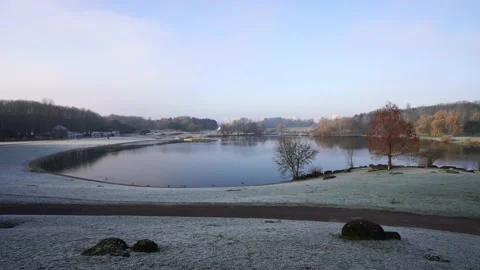 Lakescape of Tapis vert parc in La Courneuve in winter, Paris in France Stock Footage 146522567