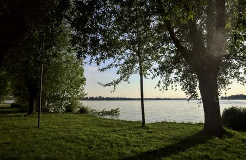 Lakeshore in a park at sunset Stock Photos
