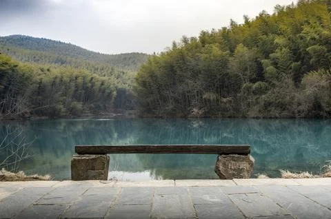 Lakeside bench Stock Photos