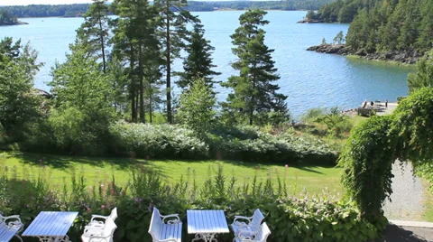 Lakeside benches and dock Stock Footage 27557786