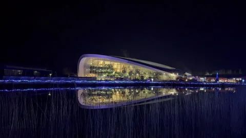 Lakeside building architecture at Longford Forest Parc, Ireland night Video stock 328626119