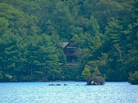 Lakeside cabin in the forest Stock Photos
