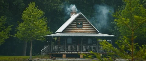 Lakeside Cabin with Smoke Stock Footage 87446187