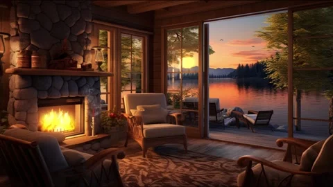 Lakeside Cabin at Sunset 库存影片 264761595