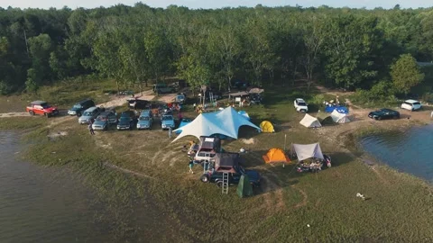 Lakeside Camping Bliss, A Drone's Perspective Stock Footage 293732031