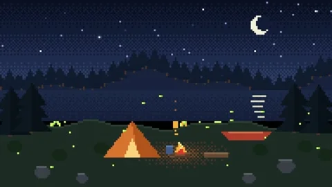 Lakeside camping at night with campfire Vídeos de archivo 348648522