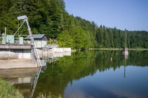 Lakeside Dam and Forest Reflection Stock Photos