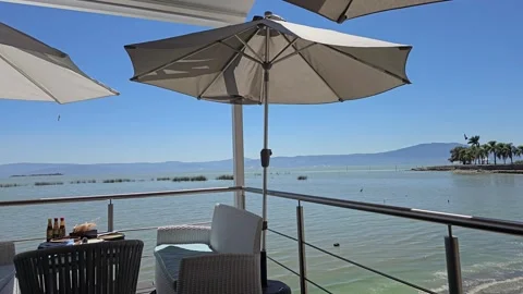 Lakeside Dining with Umbrellas Stock Footage 283595157