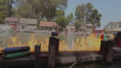 Lakeside dock on fire slow motion Stock Footage 196896544
