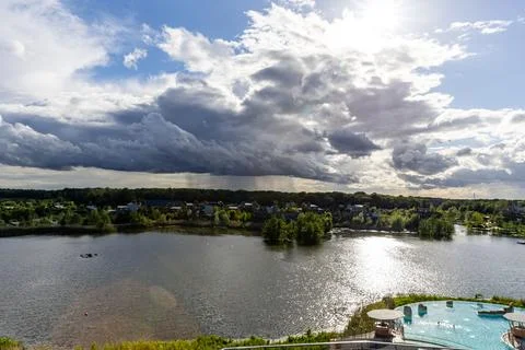 Lakeside Resort Under Dramatic Sky at Center Parcs Villages Nature Paris, F.. Stock Photos