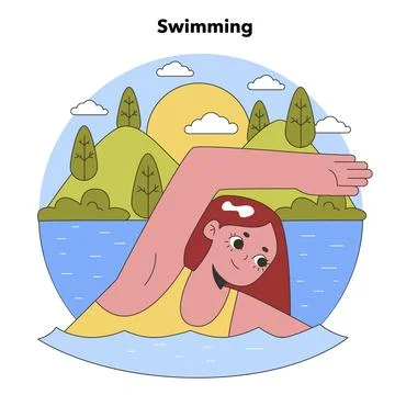 Lakeside Swimming Bliss. Flat vector illustration Stock Illustration