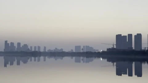Lakeside Towers Reflected At Dawn 02 in China 4K Stock Footage 346224960