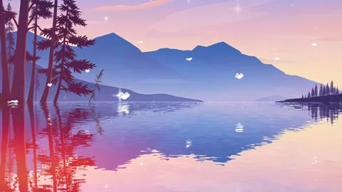 Lakeside Twilight: Trees and Mountain Reflections on Lake with Pastel Sky Video stock 306505015