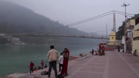 Lakshman Jhula Bridge On The Ganges River In Rishikesh, India Stock Footage 159159173