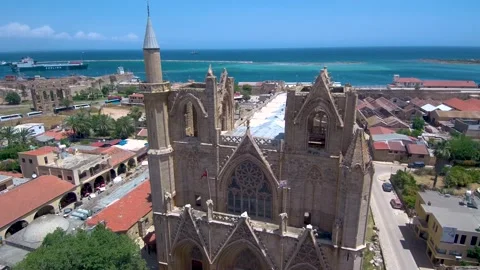 Lala Mustafa Pasha Mosque aerial view Famagusta Cyprus Stock Footage