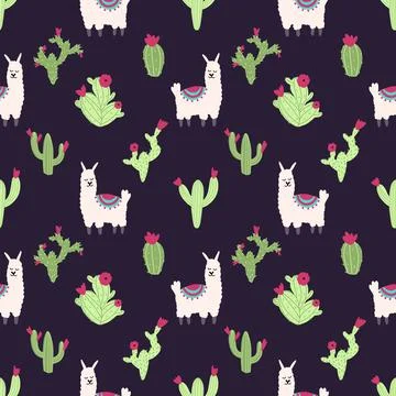 Lama alpaca seamless pattern with cactus. Vector illustration of nursery 스톡 일러스트