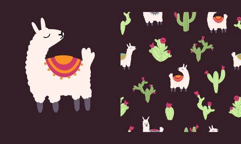 Lama alpaca seamless pattern with cactus. Vector illustration of nursery Stock Illustration