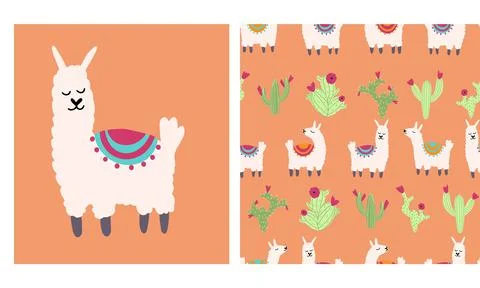 Lama alpaca seamless pattern with cactus. Vector illustration of nursery Stock Illustration