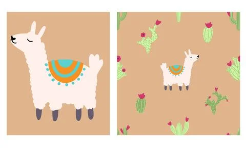 Lama alpaca seamless pattern with cactus. Vector illustration of nursery Stock Illustration