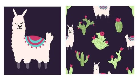 Lama alpaca seamless pattern with cactus. Vector illustration of nursery Stock Illustration