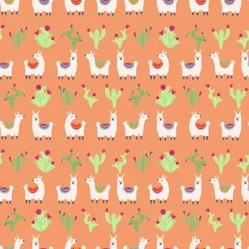 Lama alpaca seamless pattern with cactus. Vector illustration of nursery Stock Illustration