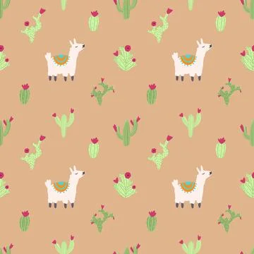Lama alpaca seamless pattern with cactus. Vector illustration of nursery Stock Illustration