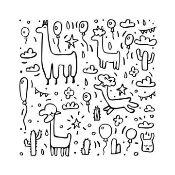 Lama concept. Composition in doodle style. Coloring page. Vector illustration Stock Illustration