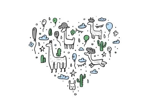 Lama heart concept. Composition in doodle style. Vector illustration. Stock Illustration