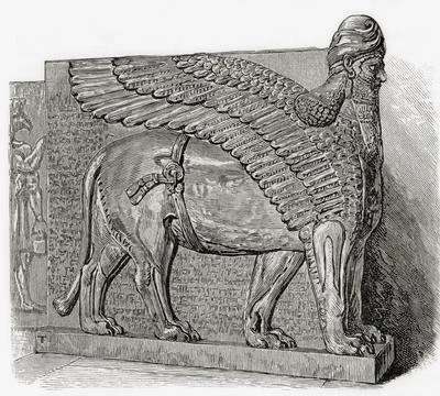 A Lama, Lamma or Lamassu, a Sumerian or Assyrian diety which had a human head, t Stock Photos