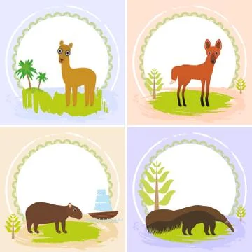 Lama, Maned wolf, ant-eater, Capybara, set of cards design  with funny animal Illustrazione stock