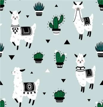 Lama pattern. Seamless texture with cartoon alpaca, cactus and mountains, funny Illustrazione stock