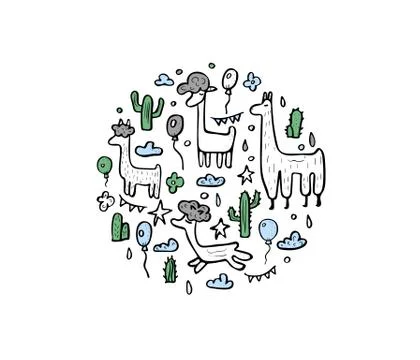 Lama round badge concept. Composition in doodle style. Vector illustration. Stock Illustration