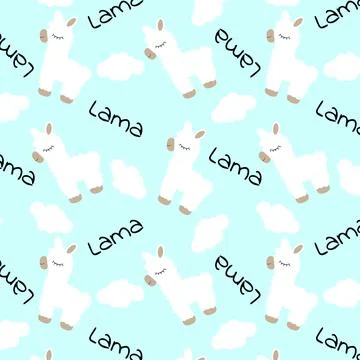 Lama Seamless pattern with llama, text and clouds Creative childish texture Stock Illustration