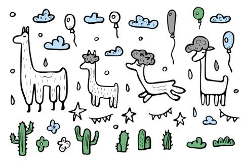 Lama set. Elements in doodle style. Vector illustration. Stock Illustration