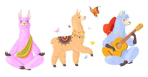 Lamas alpacas character flat vector isolated set Stock Illustration