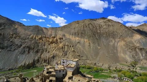 Lamayuru valley to the ruins of the old gompa Stock Footage 44765174