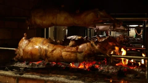Lamb and pig roast on a spit 스톡 동영상 162958725