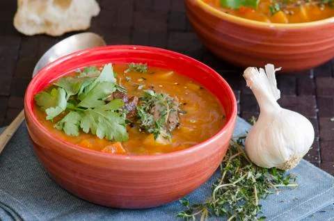 Lamb and root vegetable soup Stock Photos