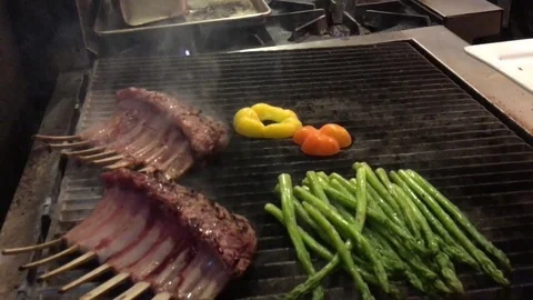 Lamb and Vegetables on Grill in Fine Restaurant Video stock 82213708