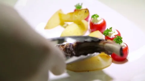 Lamb Chop Dish And Potatoes. Meat Ribs Stock Footage 70563029