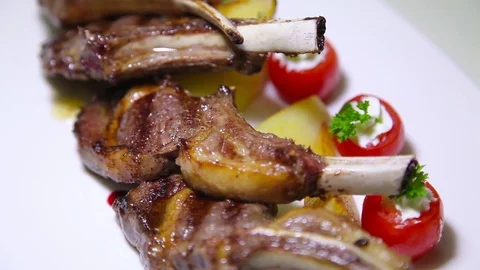 Lamb Chop Dish And Potatoes. Meat Ribs Stock Footage 70563059