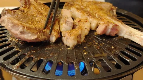 Lamb chops on a barbecue plate during a BBQ Stock Footage 232103072