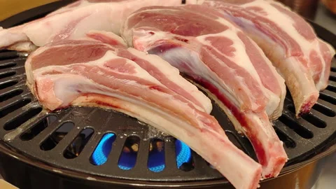 Lamb chops on a barbecue plate during a BBQ Stock Footage 232105090