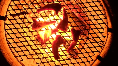 Lamb chops grilling on wire mesh over glowing hot fire pit coals Stock-Footage 337265276