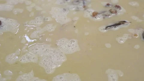 Lamb curry, cooking over fire, hot until boiling in large pan, authentic detail Stock Footage 293179078