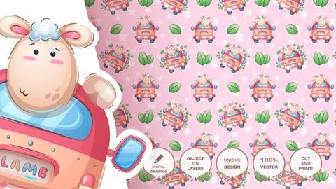 Lamb driver car - seamless pattern Stockillustratie