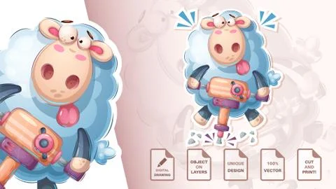 Lamb hard work - cute sticker Stock Illustration