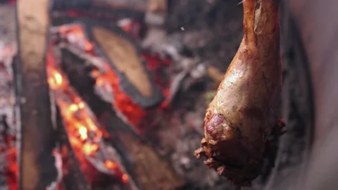 Lamb meat cooking on the fire Stock Footage 280249038