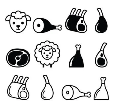 Lamb meat, leg of lamb, lamb shanks and ribs icons set Stock Illustration